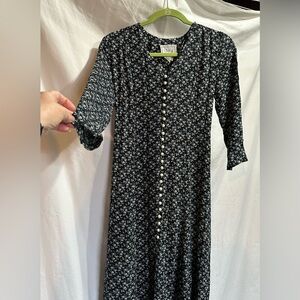 Black Floral 3/4 Sleeve Button-Front Dress